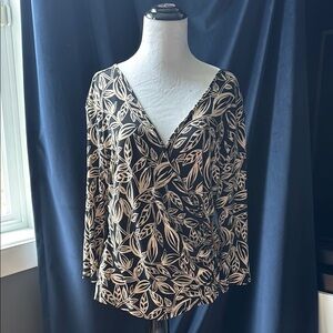 Elegant Black and Tan Leaf Print Wrap Top